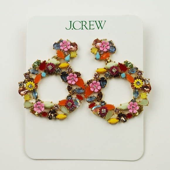 New JCREW Colorful Floral Hoop Earrings in Multi Color Stones $69 G3346 - Picture 3 of 3